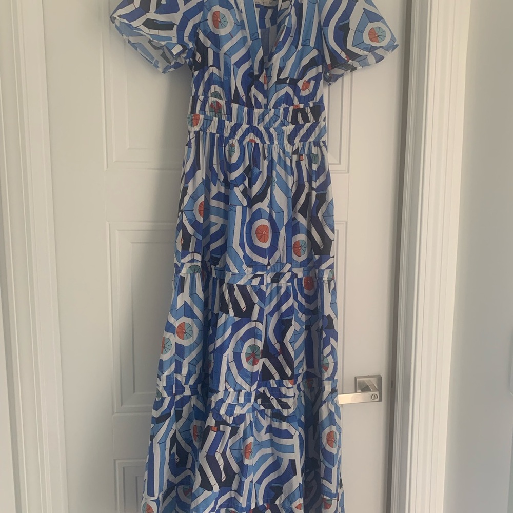 Anthropologie Somerset Blue and White Maxi Sundress with Flutter Sleeves